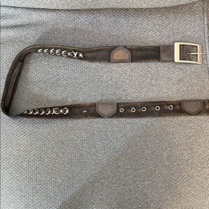Black & brown patterned fabric belt with decorative  metal details